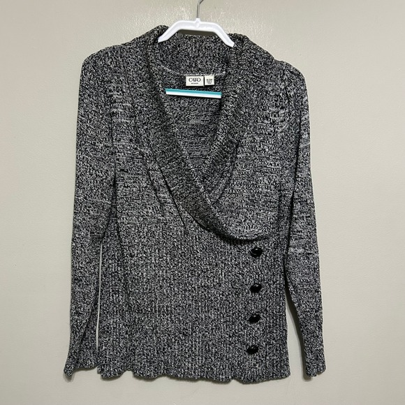 Cato Womans Sweater Blouse 18/20W Black White Knit Cowl Neck Buttons Long Sleeve - Picture 1 of 8
